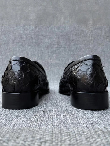 Black Textured Leather Loafers